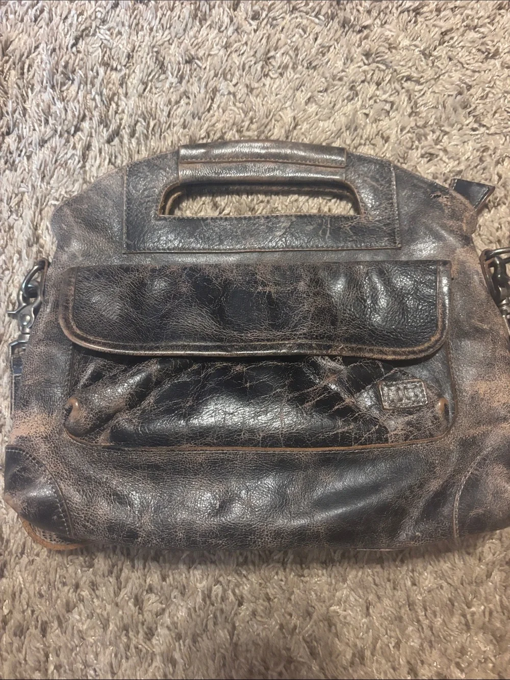Bed Stu Two-Tone Distressed Leather Messenger Bag in Dark Brown